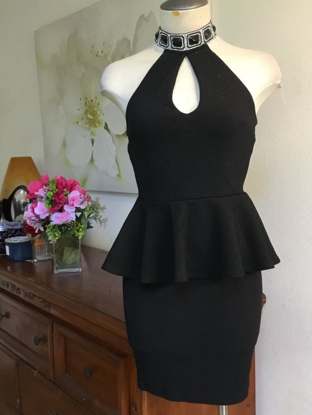 Halter Neckline Flared Short Dress Stones  Backless Peplum Party Cocktail Blk S